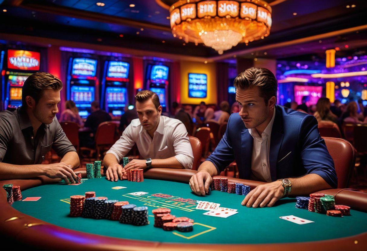 A high-stakes poker table surrounded by intense players, with a dramatic spotlight illuminating their focused expressions. In the foreground, stacks of colorful chips and cards, while the backdrop features a vivid casino ambiance with neon lights and excitement in the air. A sense of adrenaline and high risk is palpable, capturing the essence of extreme gambling strategies. super-realistic. vibrant colors. dynamic lighting.