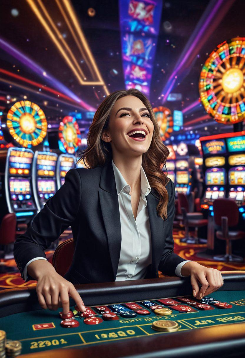A dynamic scene depicting a virtual casino environment filled with colorful slot machines, poker tables, and spinning roulette wheels. In the foreground, an excited player celebrates a big win, with coins flying in the air and bright lights illuminating the surroundings. The background features digital displays showcasing odds and rewards, embodying the thrill of online gambling. The atmosphere should feel immersive and vibrant, highlighting the excitement of mastering strategies in a virtual casino. super-realistic. vibrant colors. 3D.