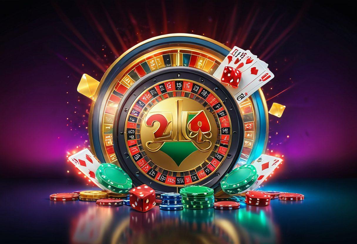 A large golden casino chip in the center, surrounded by vibrant neon lights and playing cards in mid-air, symbolizing success and excitement. In the background, a sleek slot machine with glowing buttons showcasing big wins. Include an array of colorful casino elements like dice and roulette wheels for added excitement. super-realistic. vibrant colors. dynamic composition.